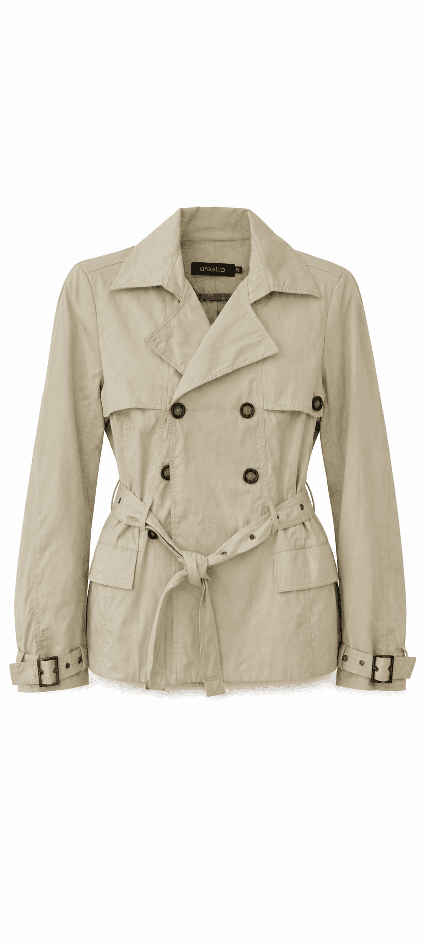 Trench Coat ARESTTA Bege Cinto Bolsos Botões