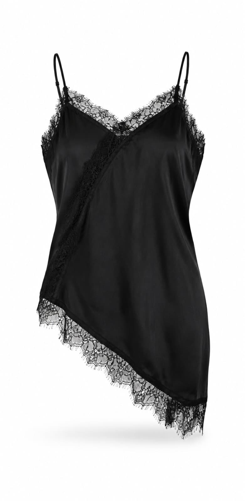 Blusa Preta Assimétrica Estilo Lingerie com Renda Tam. P